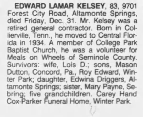 Obituary for EDWARD LAMAR KELSEY (Aged 83)