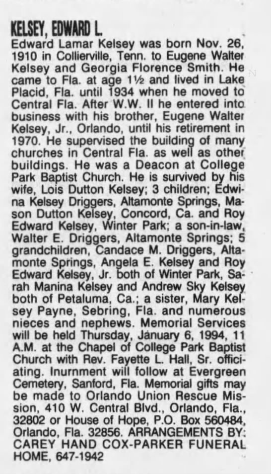 Obituary for Edward Lamar KELSEY