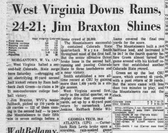 West Virginia Downs Rams, 24-21; Jim Braxton Shines - 