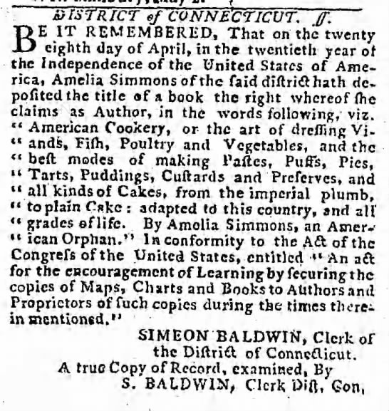 1796 ad for Amelia Simmons "American Cookery" - 