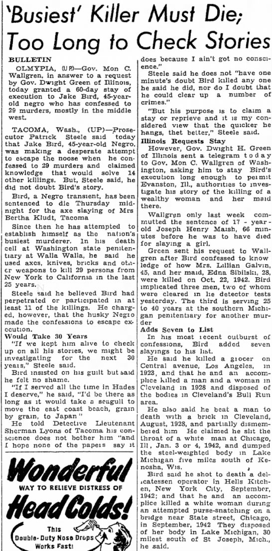 Jake Bird Serial Killer
Wednesday, Jan. 14, 1948 - 