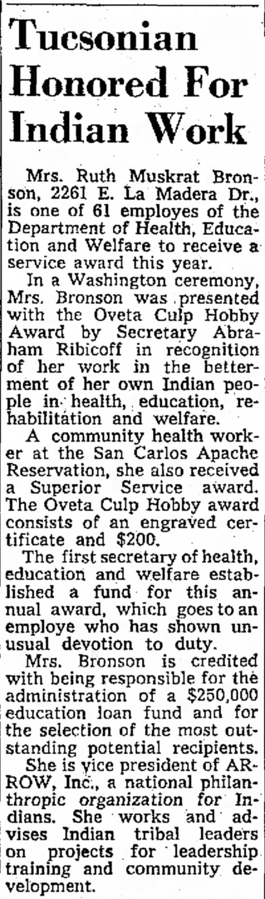 Tucsonian Honored For Indian Work. Tucson Daily Citizen (Tucson, Arizona) April 13, 1962, p 18 - 