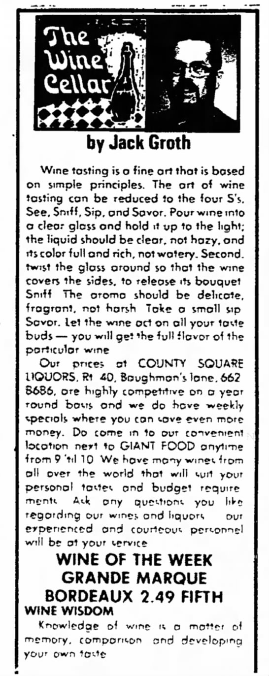 "See, sniff, sip" of wine tasting (1976). - 