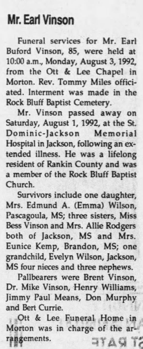 Earl Buford Vinson obituary 8-5-1992 