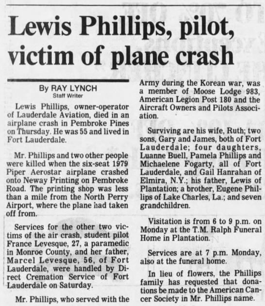 Lewis Phillips, plane crash, Aug 25, 1988 - 