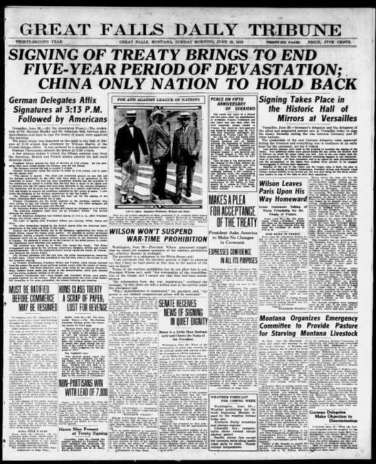 Headlines announce signing of the Treaty of Versailles - 
