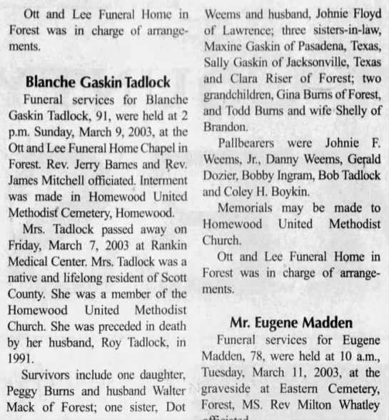 Obituary for Blanche Gaskin Tadlock (Aged 91) 