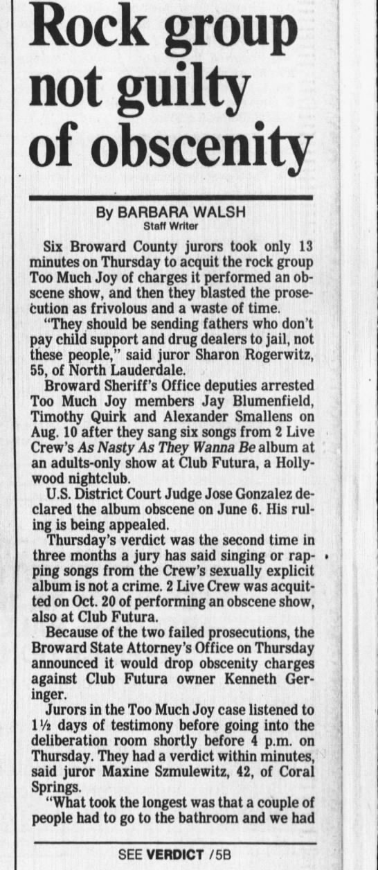 Barbara Walsh, "Rock group not guilty of obscenity," Sun-Sentinel, 18 Jan 1991 - 