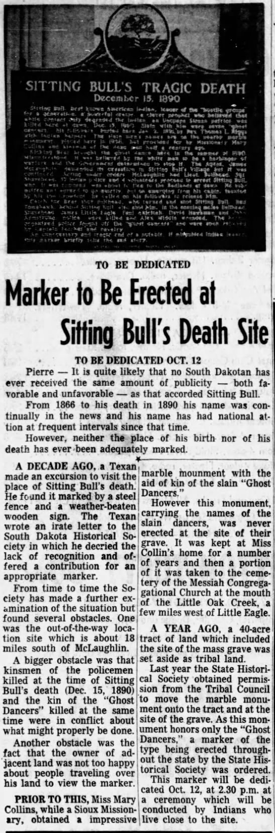 Marker to be erected at Sitting Bull's death site in 1958 - 