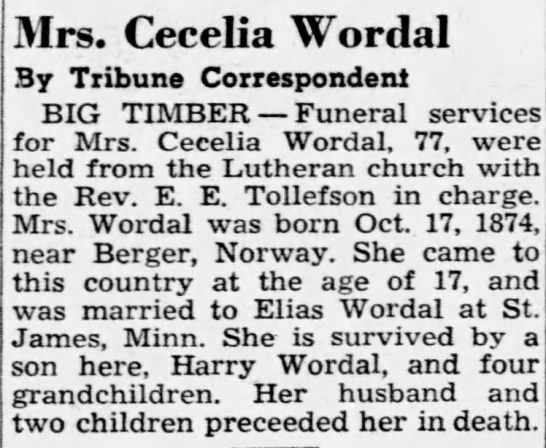 Obituary for Cecelia Wordal (Aged 77) - 