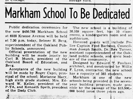 Markham School to Be Dedicated - Oct 14, 1949 - 