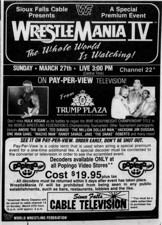 WreslteMania IV PPV ad (Sioux Falls Argus-Leader 3/16/1988) - 