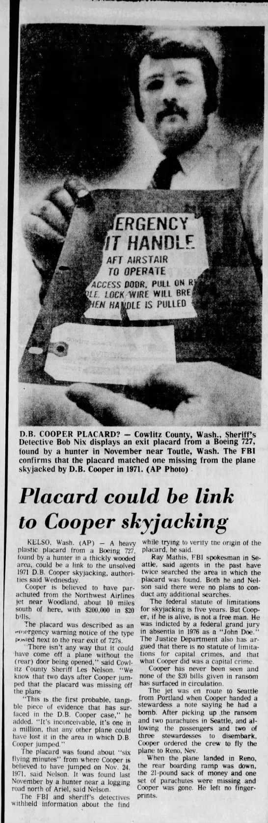 Man finds Boeing airplane placard that may be linked to D.B. Cooper case - 