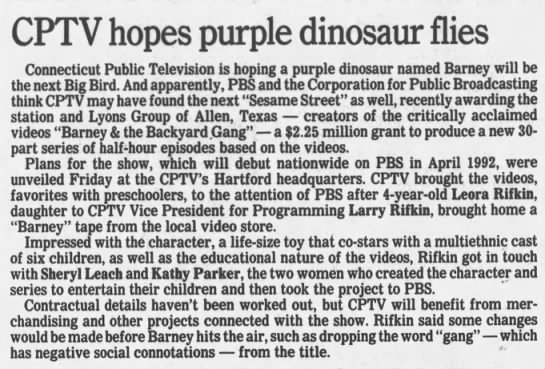 CPTV hopes purple dinosaur flies - 