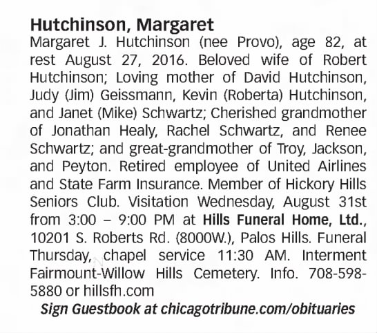 Obituary for Margaret J. Hutchinson (Aged 82)