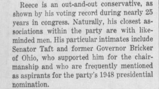 Reece as an "out-and-out conservative" in the Taft wing of the party. - 