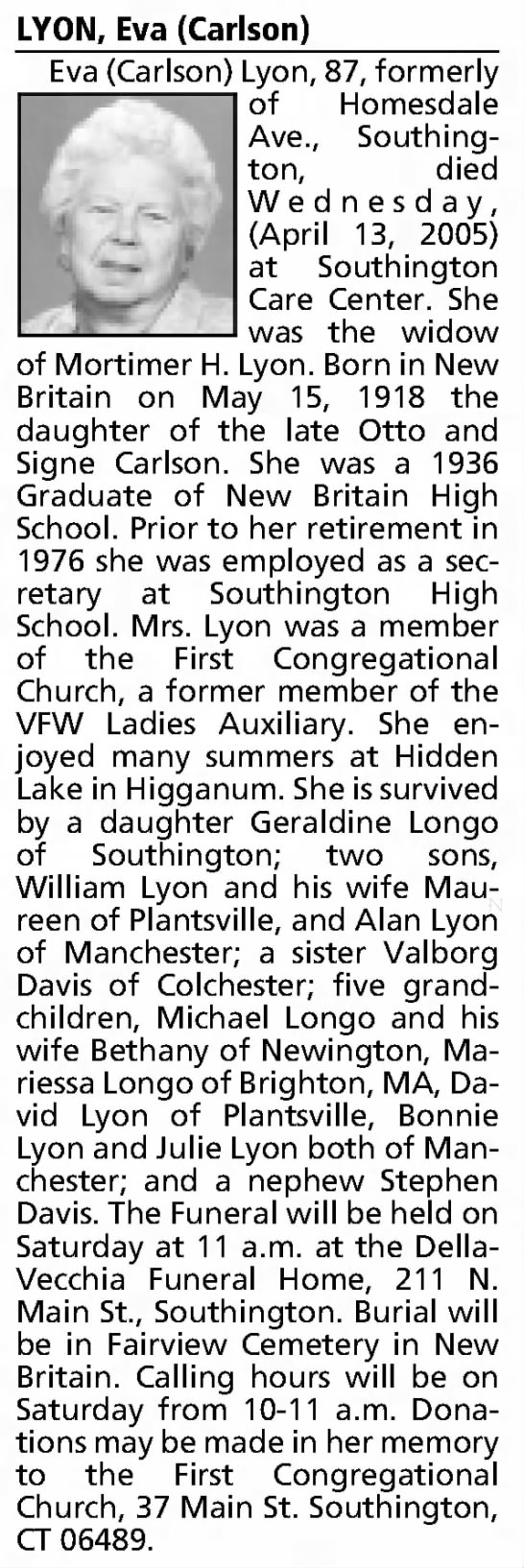 Obituary for Eva LYON, 1918-2005 (Aged 87)