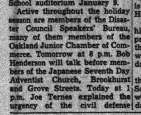 civil defense speakers -- at Japanese Seventh Day Adventist, Brockhurst and Grove (MLK) - 