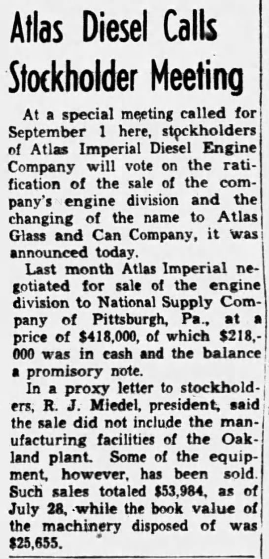Atlas Imperial Engine calls stockholder meeting to sell engine division - 