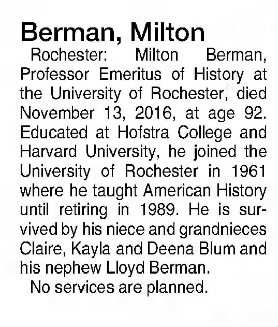 Obituary for Milton Berman (Aged 92) - 