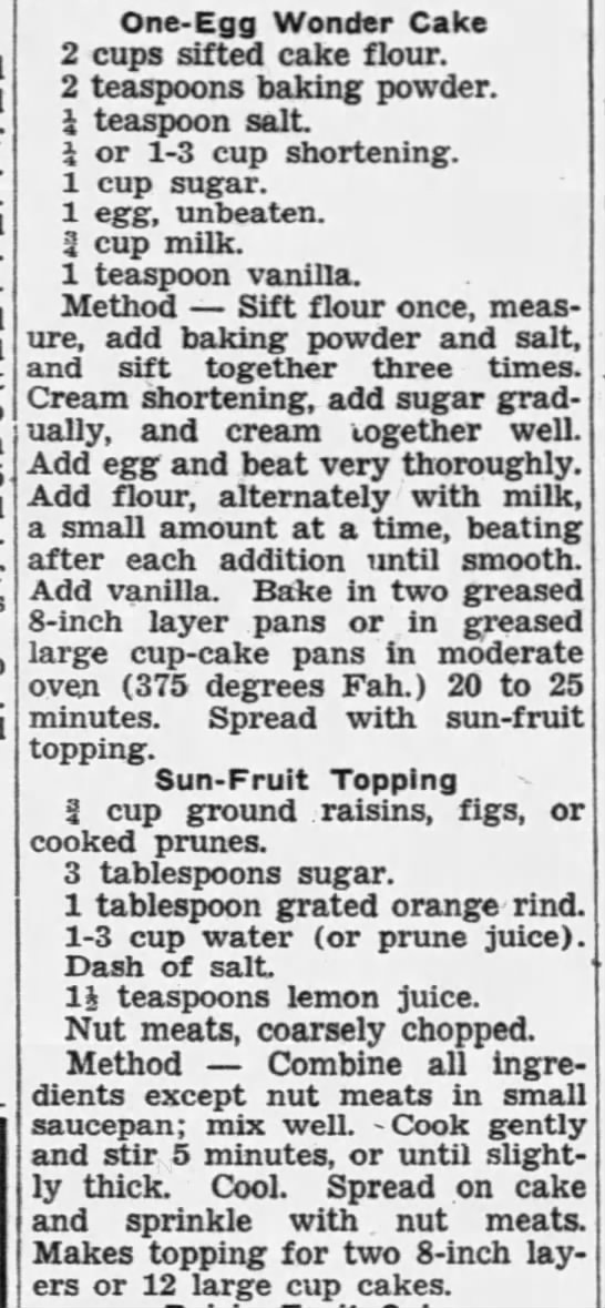 One-Egg Wonder Cake with Sun-Fruit Topping (1943) - 