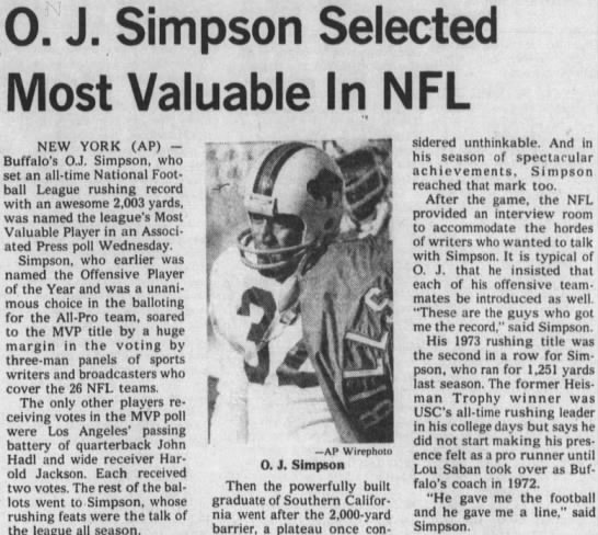 O. J. Simpson Selected Most Valuable In NFL - 