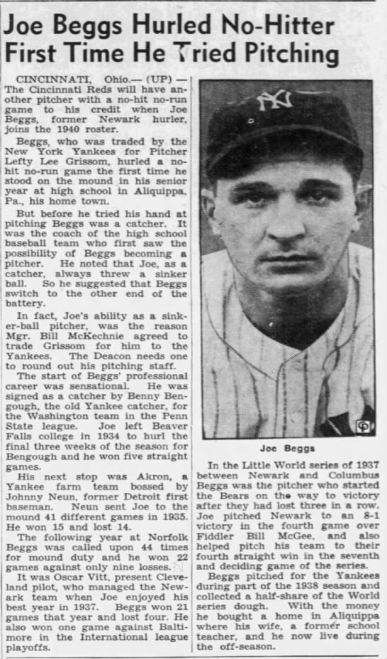 Joe Beggs Hurled No-Hitter First Time He Tried Pitching - 