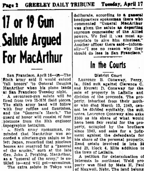 17 or 19 Gun Salute Argued For MacArthur - 
