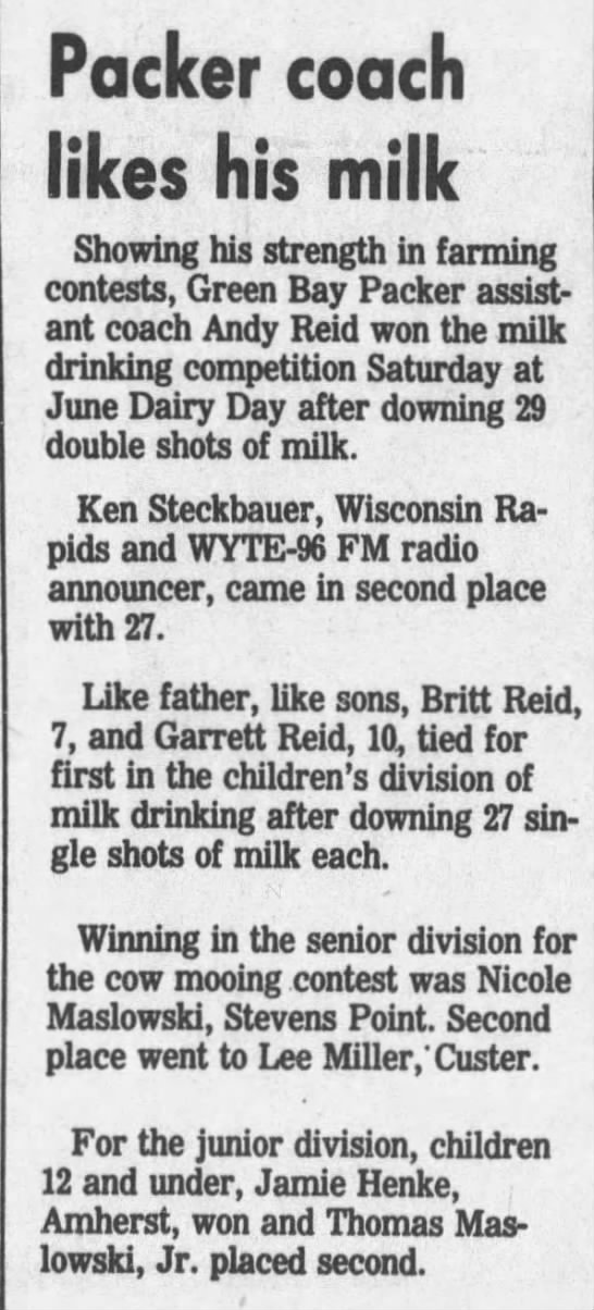 Andy Reid wins milk drinking contest - 