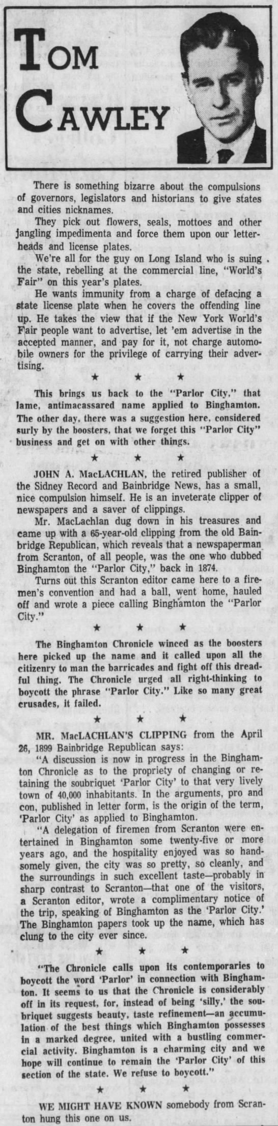 Binghamton's "Parlor City" nickname explained (1964). - 