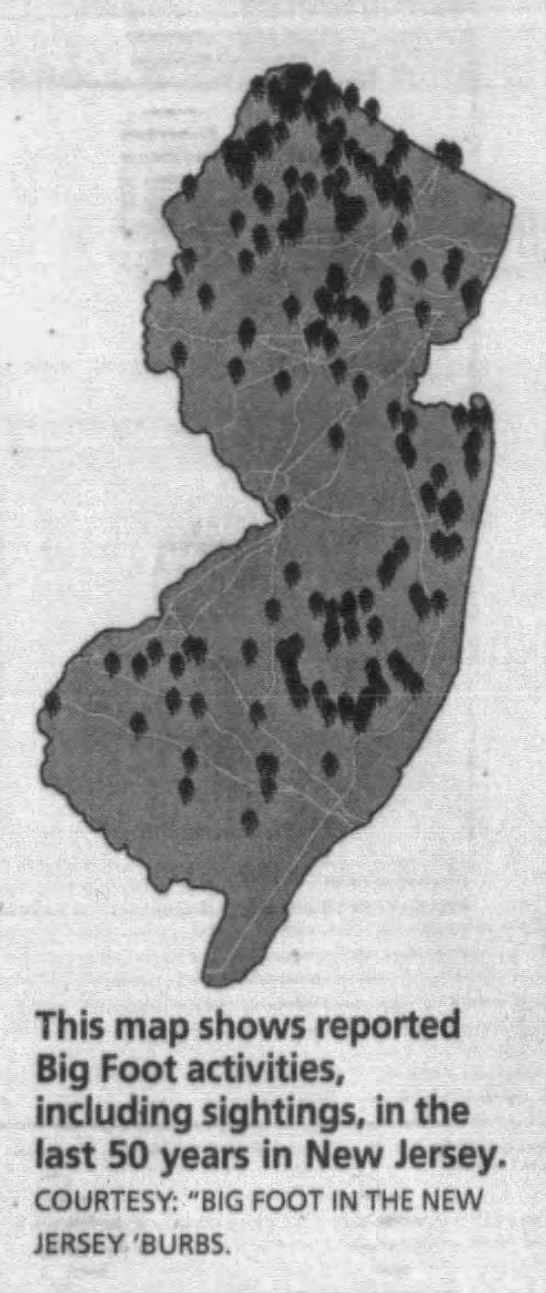 Map of 50 years of Bigfoot sightings in New Jersey - 
