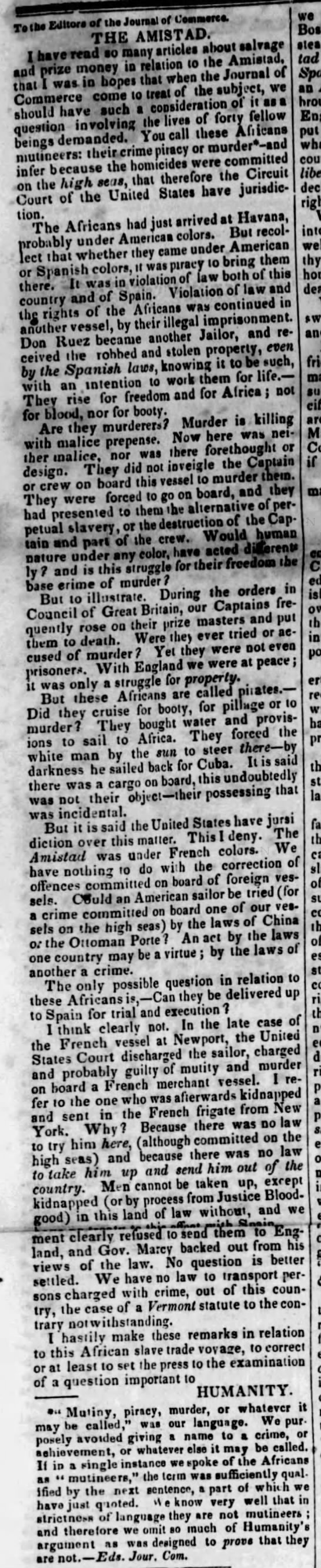 Letter to the editor arguing Africans on the Amistad were not murderers or pirates - 