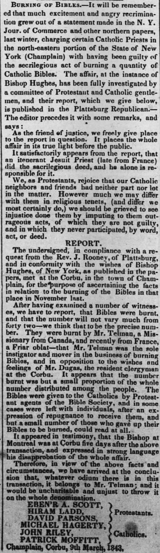 Bibles burnt in NY - 19 Jul 1843 - NOLA newspaper - 