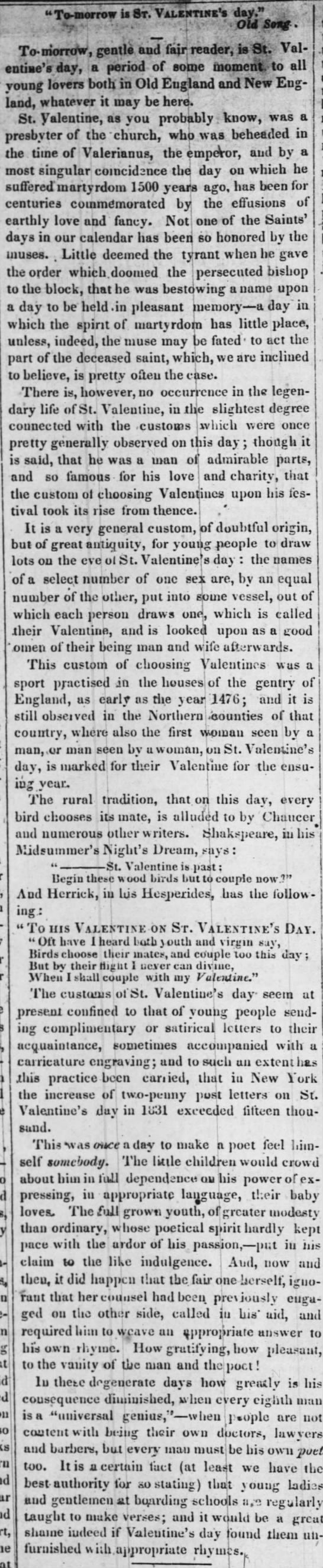 Valentine's customs revealed in 1839 column. - 