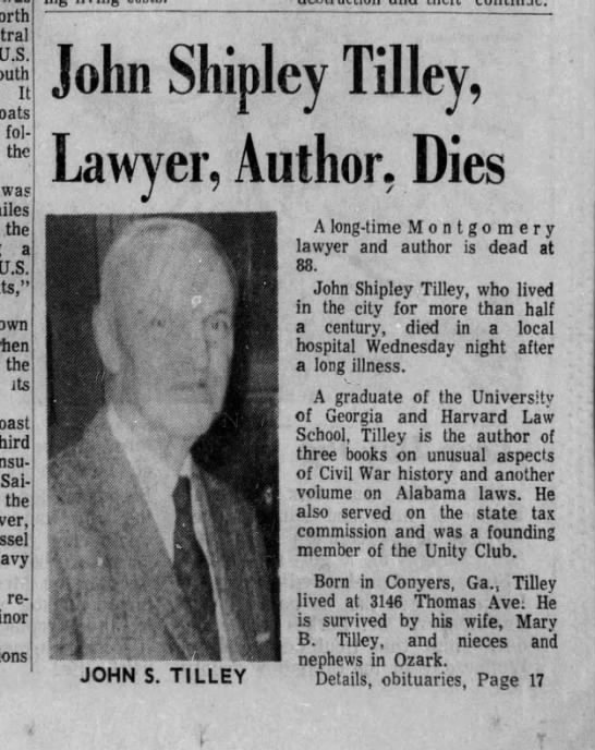 John Shipley Tilley, Lawyer, Author, Dies - 