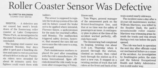 Zoomerang Lake Compounce stalled June 2001 - 