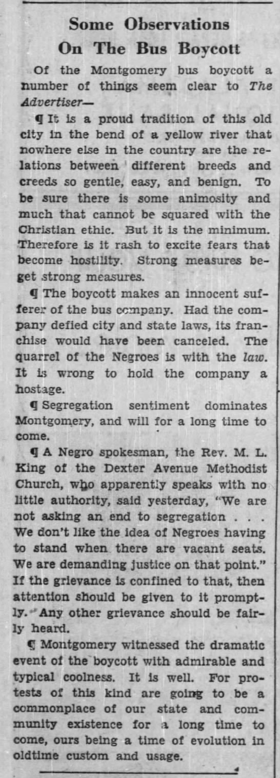 Montgomery newspaper's opinion of the Montgomery Bus Boycott, 1955 - 