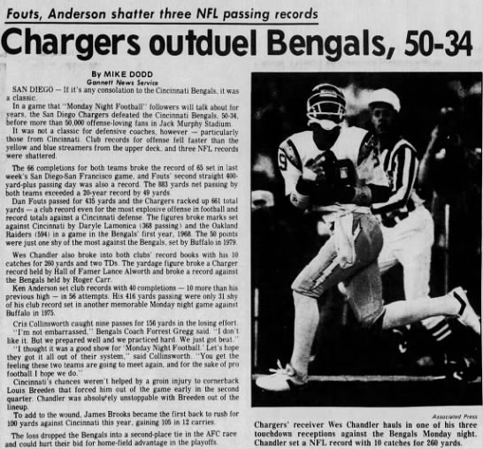 Chargers 50-34 Bengals, 21 Dec 1982 - 