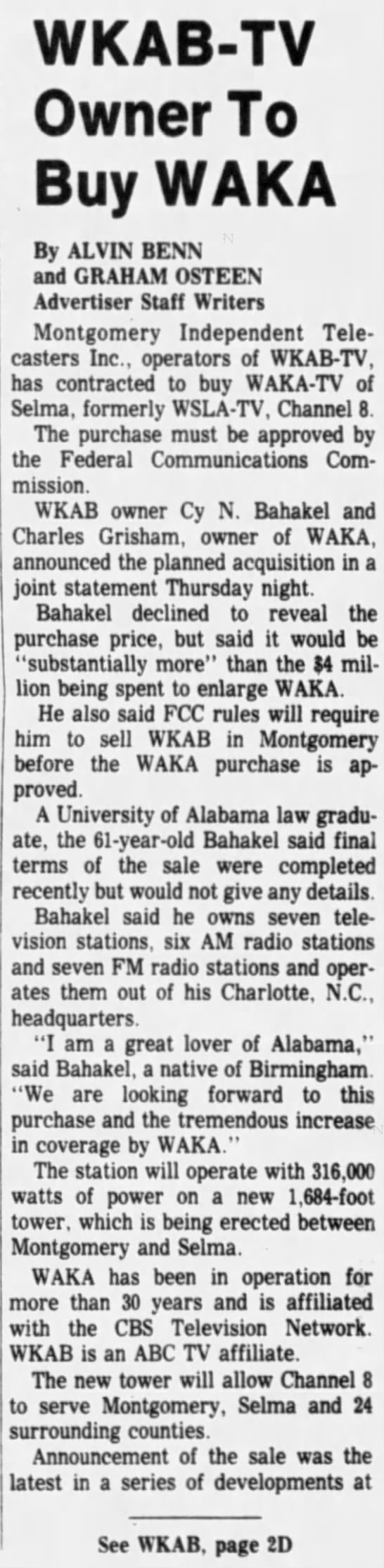 WKAB-TV Owner To Buy WAKA - 