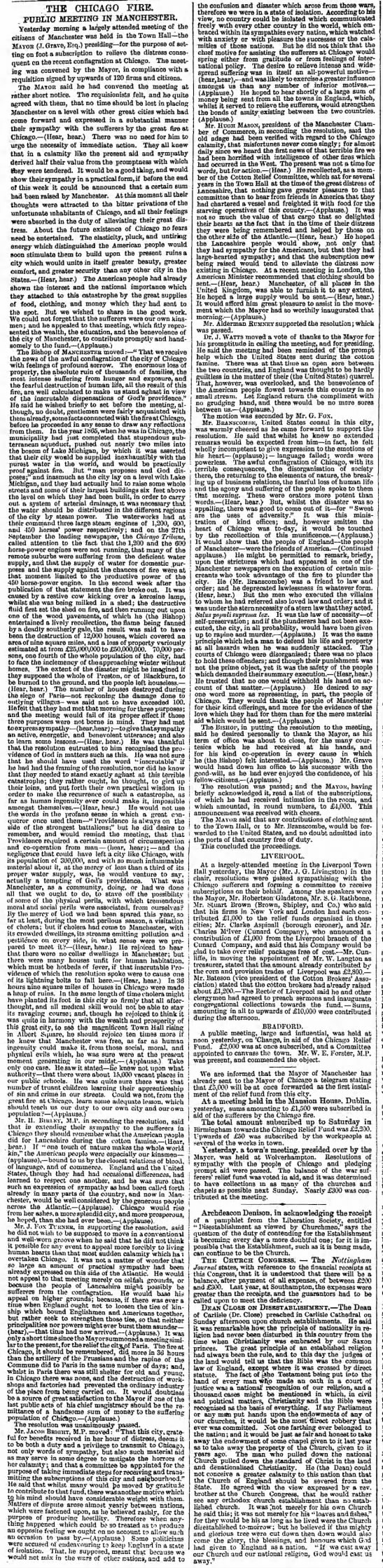 British newspaper account of a public meeting held in Manchester in 1871 about the Chicago fire - 