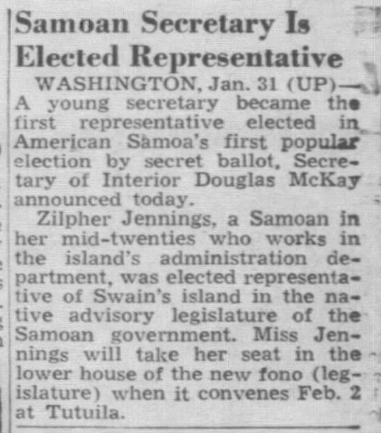 Zilpher Jennings elected Swain's Island representative - 