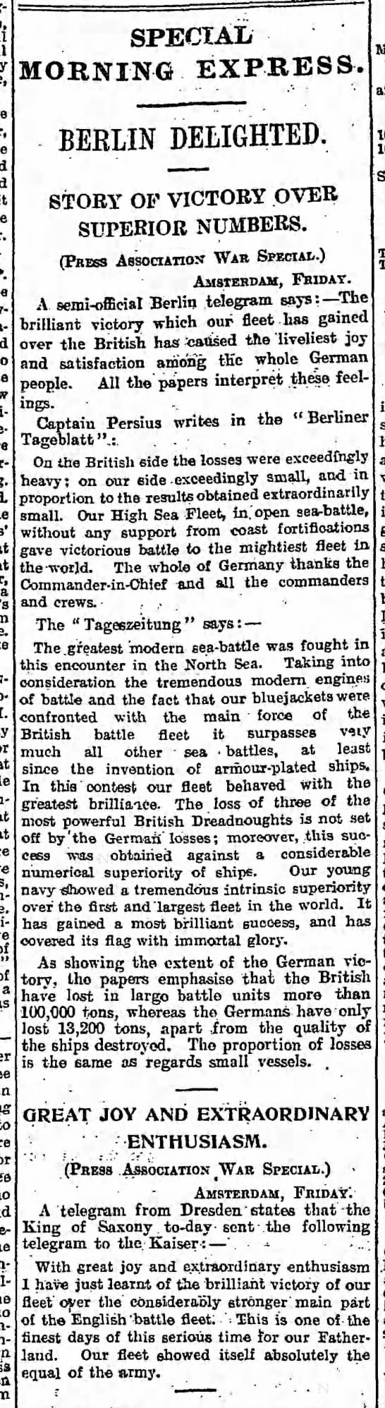 Germans announce victory over British at Battle of Jutland - 