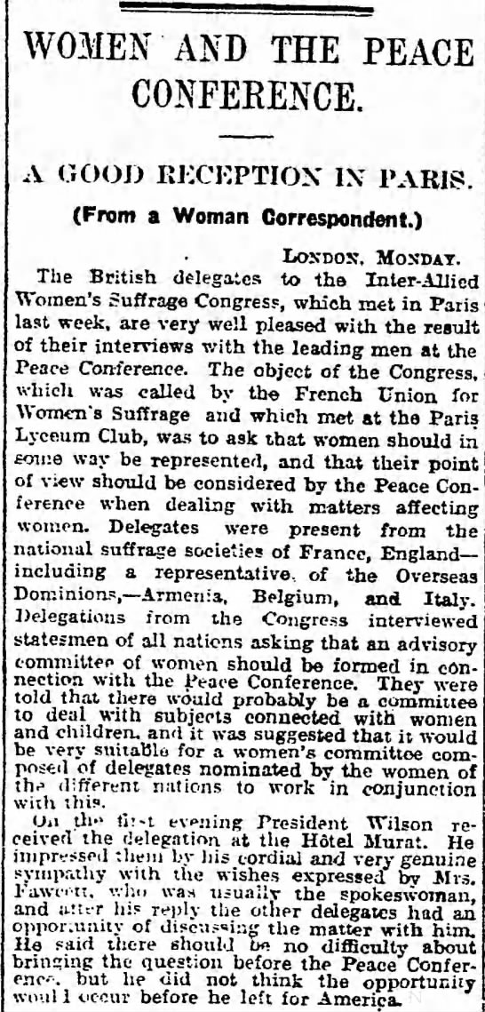 Women and the Peace Conference. The Guardian, (London, England) 18 February 1919, p 5 - 