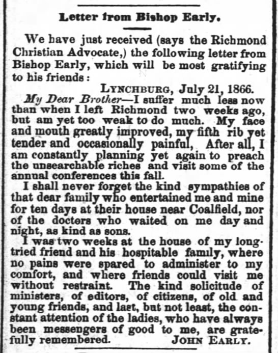 M.E. South Bishop John Early (1786-1873) recovering from 12 June train wreck. - 
