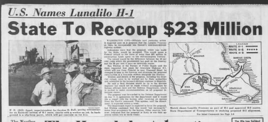 U.S. Names Lunalilo H-1; State To Recoup $23 Million - 