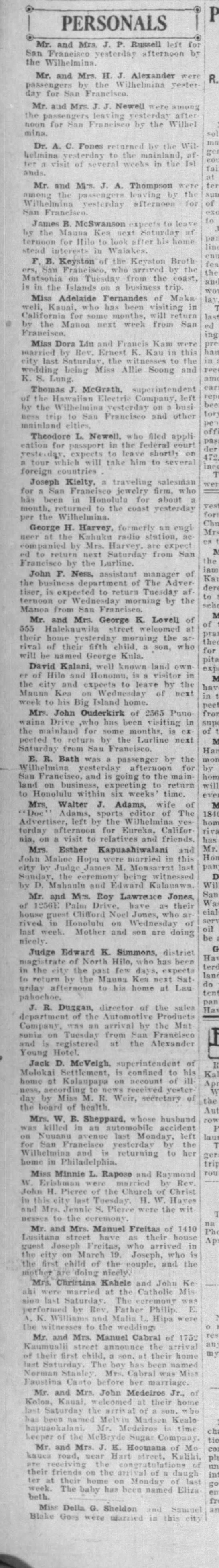 Personals column, 1921 - 