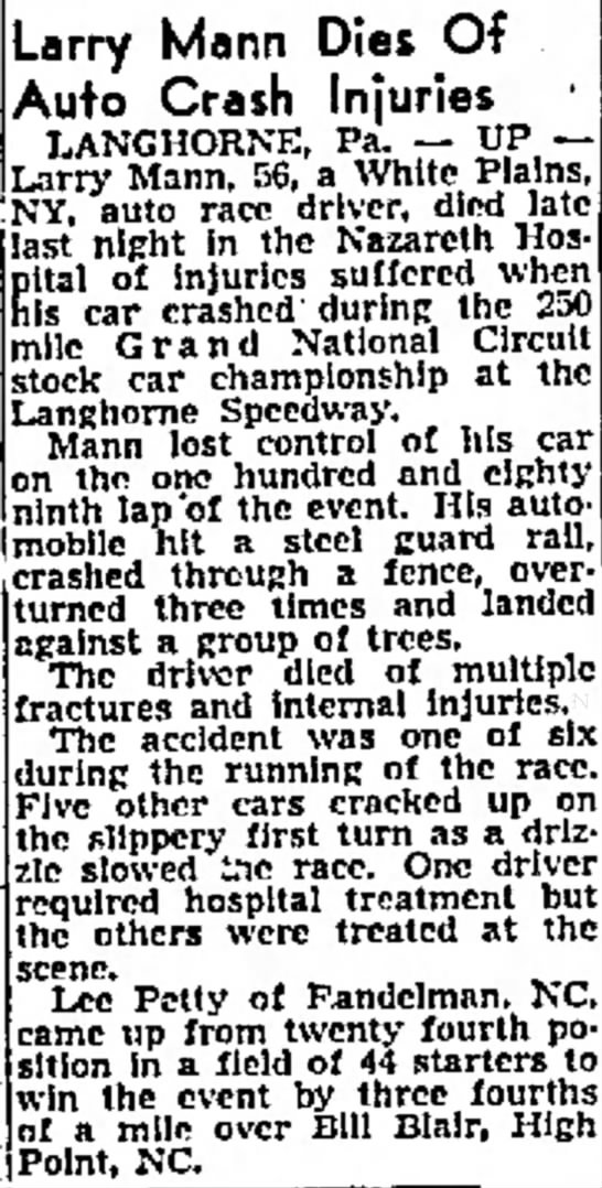 Death of race car driver Larry Mann - 
