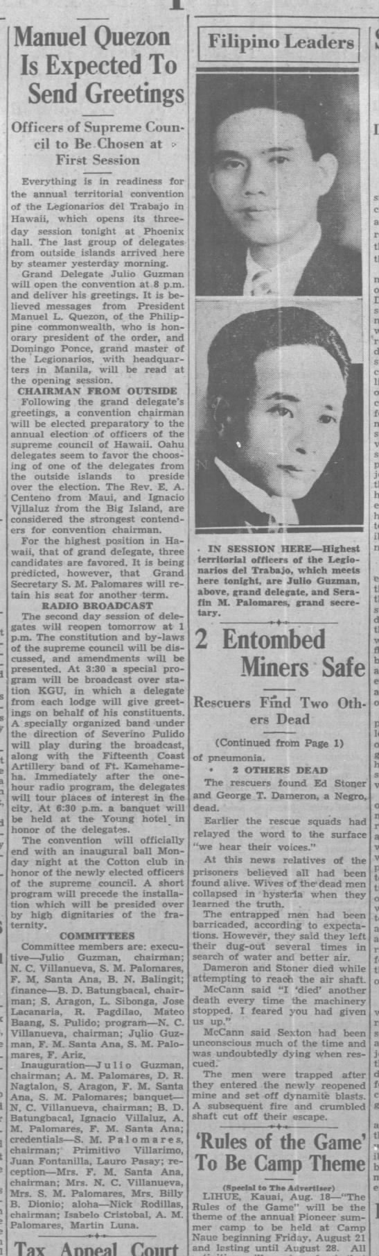 Palomares' article in The Honolulu Advertiser dated Saturday, 22 Aug 1936 - 