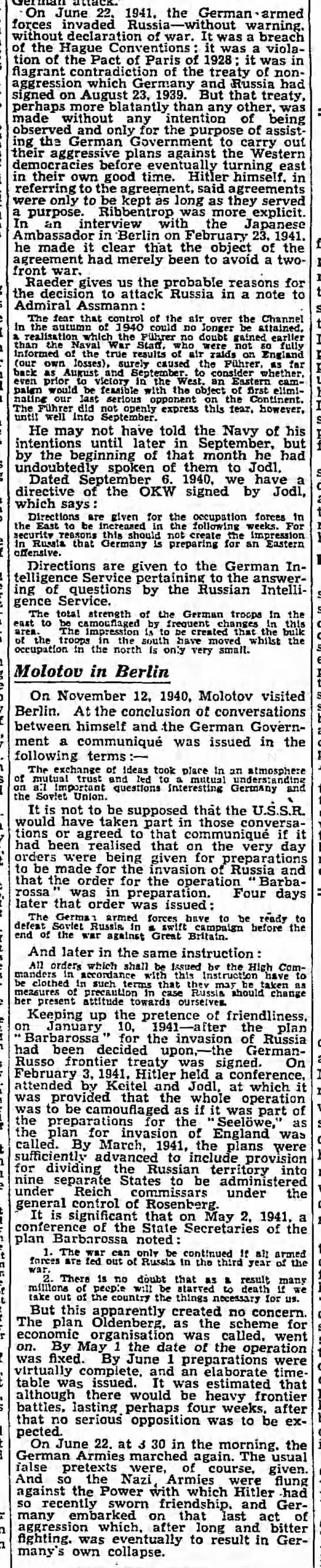 1945 newspaper summary of history of Germany's decision to attack Russia in Operation Barbarossa - 