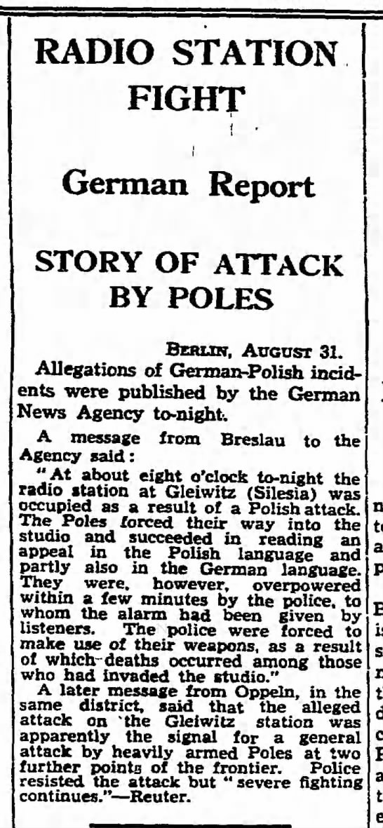 German news report of the Gleiwitz incident, a false flag attack the day before the invasion - 